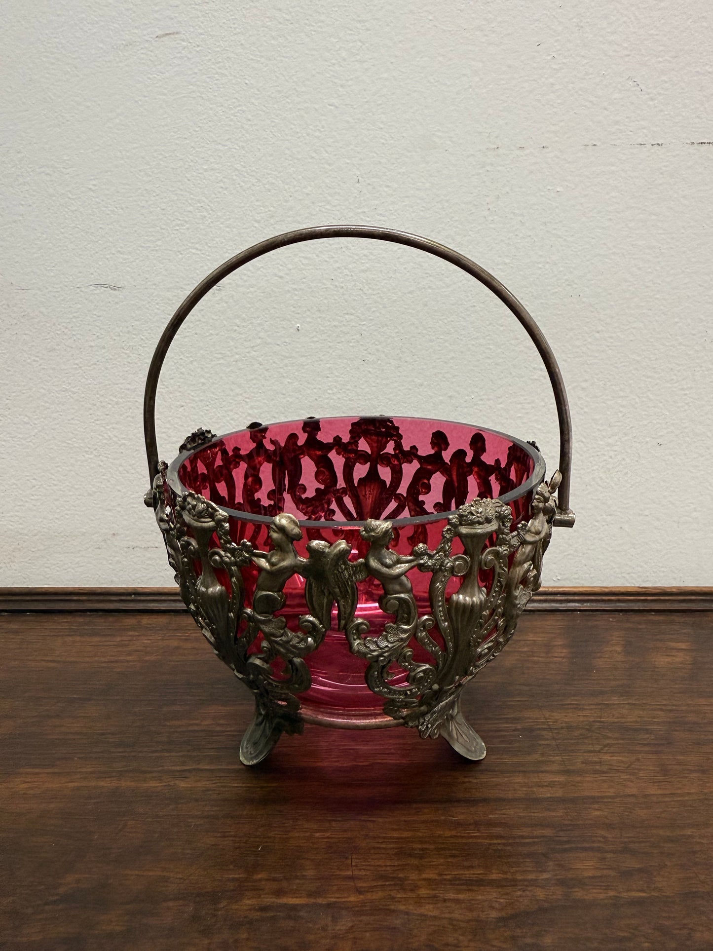 Vintage Cranberry Glass Bowl with Metal Liner