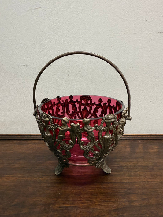 Vintage Cranberry Glass Bowl with Metal Liner
