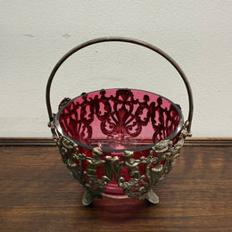 Vintage Cranberry Glass Bowl with Metal Liner