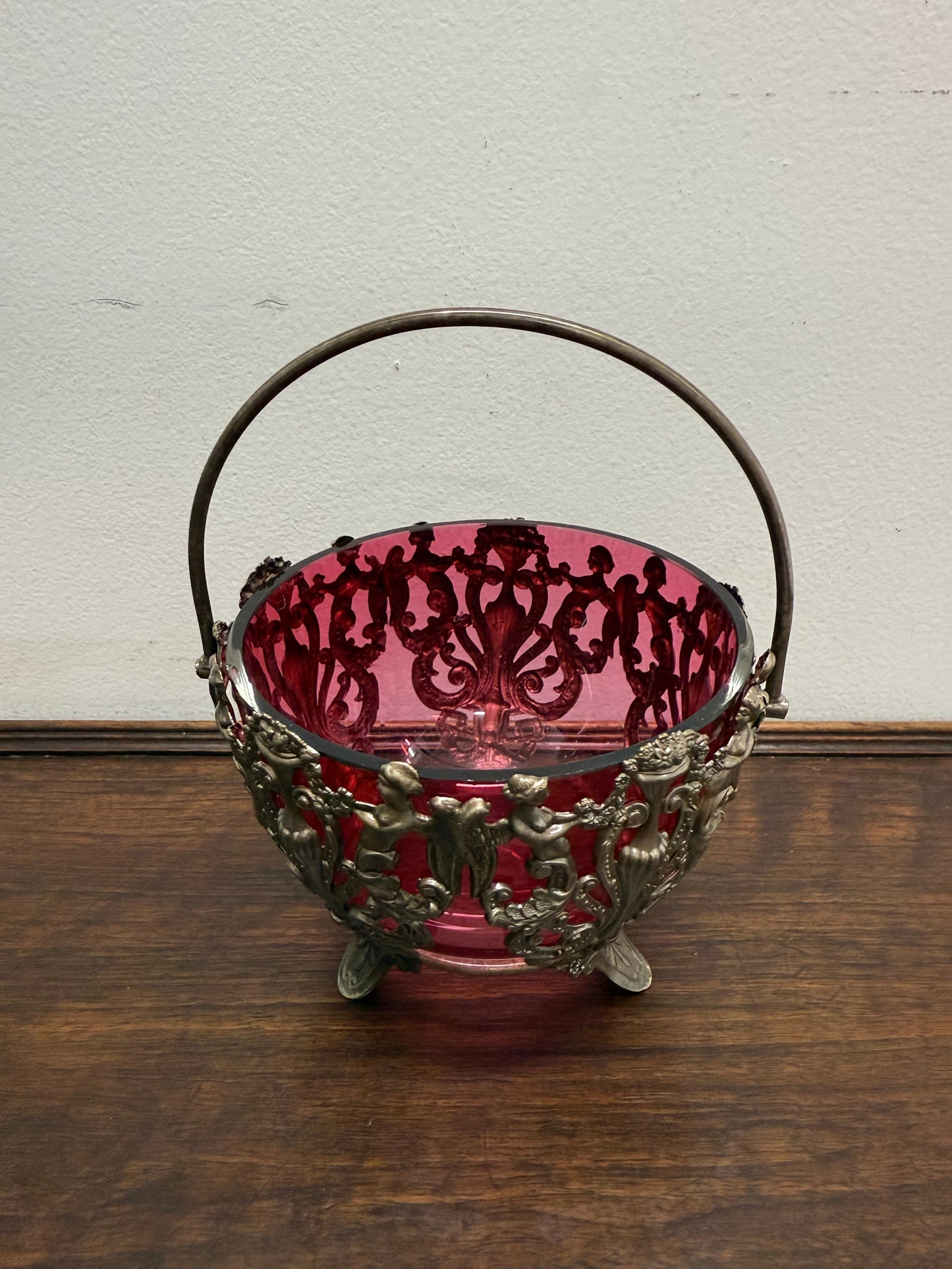 Vintage Cranberry Glass Bowl with Metal Liner