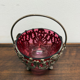 Vintage Cranberry Glass Bowl with Metal Liner