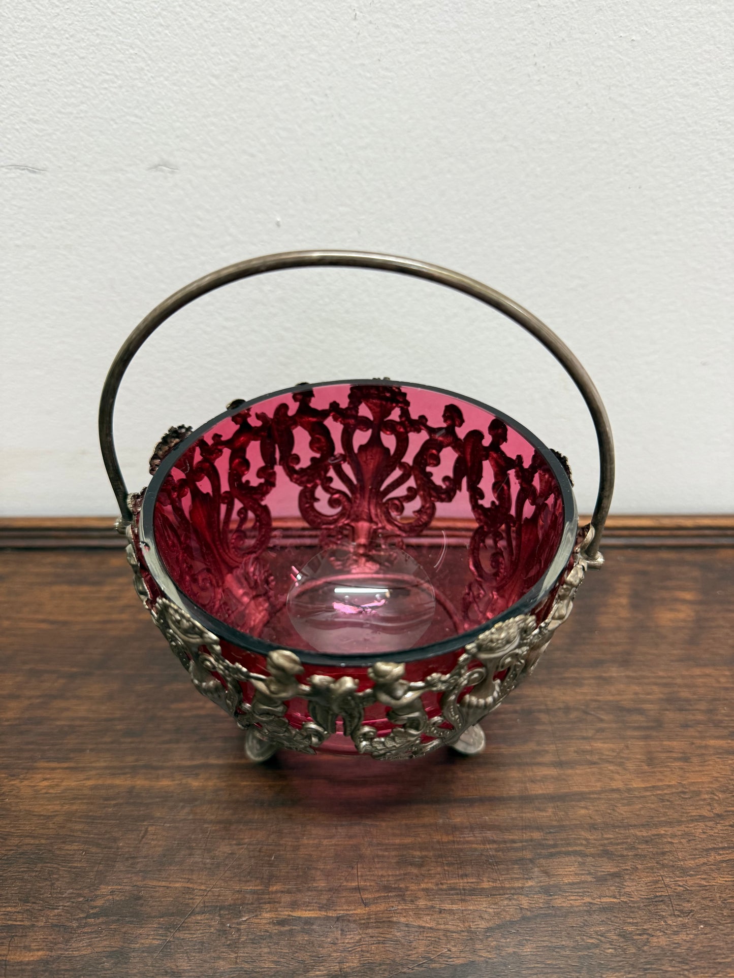 Vintage Cranberry Glass Bowl with Metal Liner