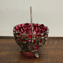Vintage Cranberry Glass Bowl with Metal Liner