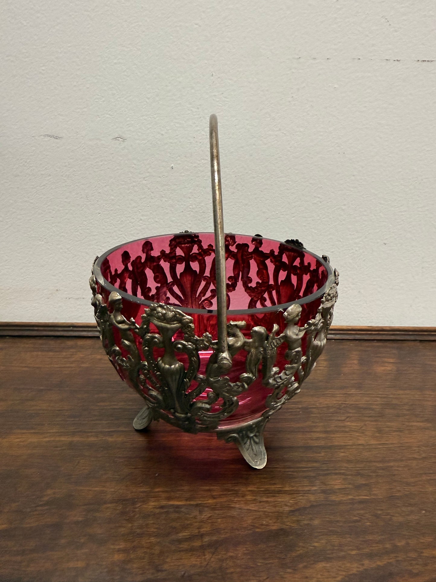 Vintage Cranberry Glass Bowl with Metal Liner