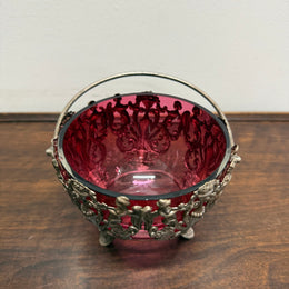 Vintage Cranberry Glass Bowl with Metal Liner