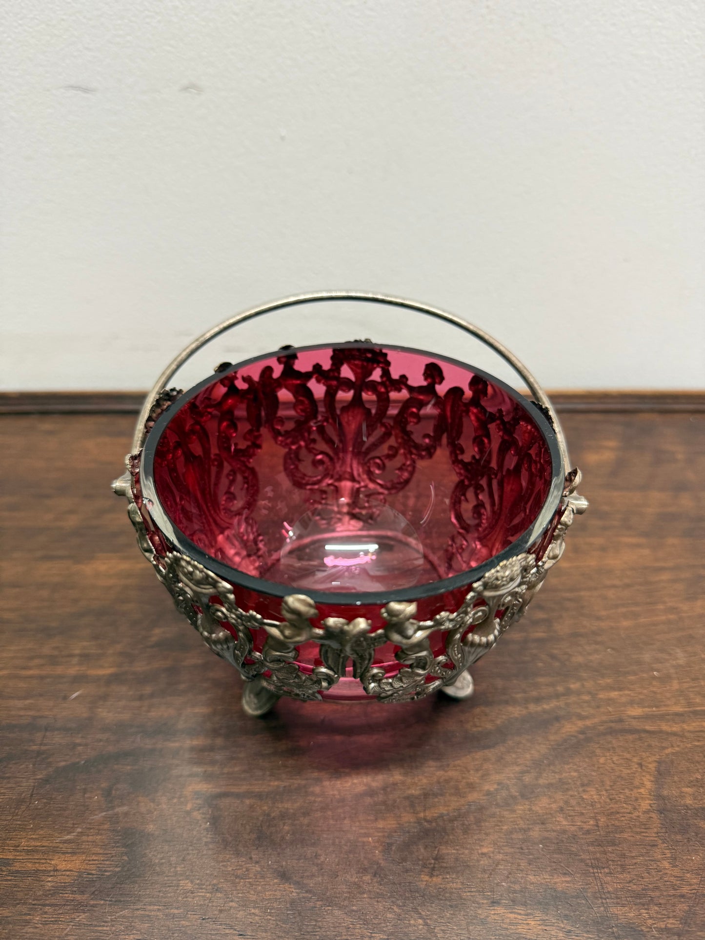 Vintage Cranberry Glass Bowl with Metal Liner