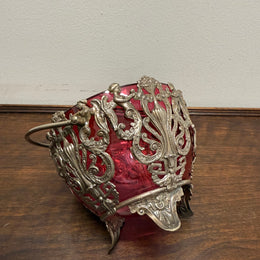 Vintage Cranberry Glass Bowl with Metal Liner