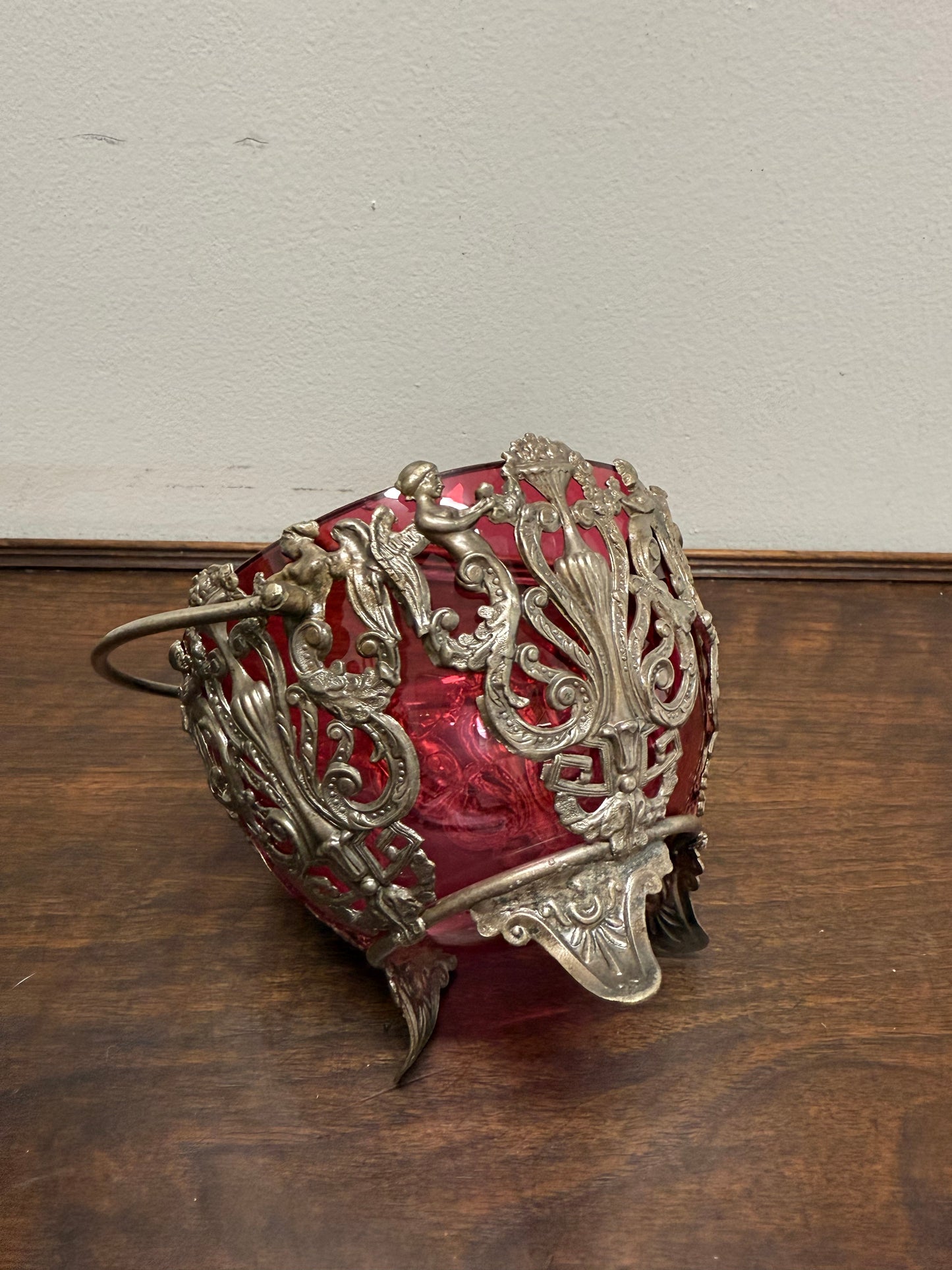 Vintage Cranberry Glass Bowl with Metal Liner