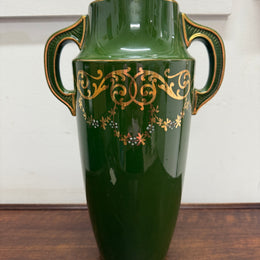 Vintage Hand Painted Green & Gilt Pottery Vase