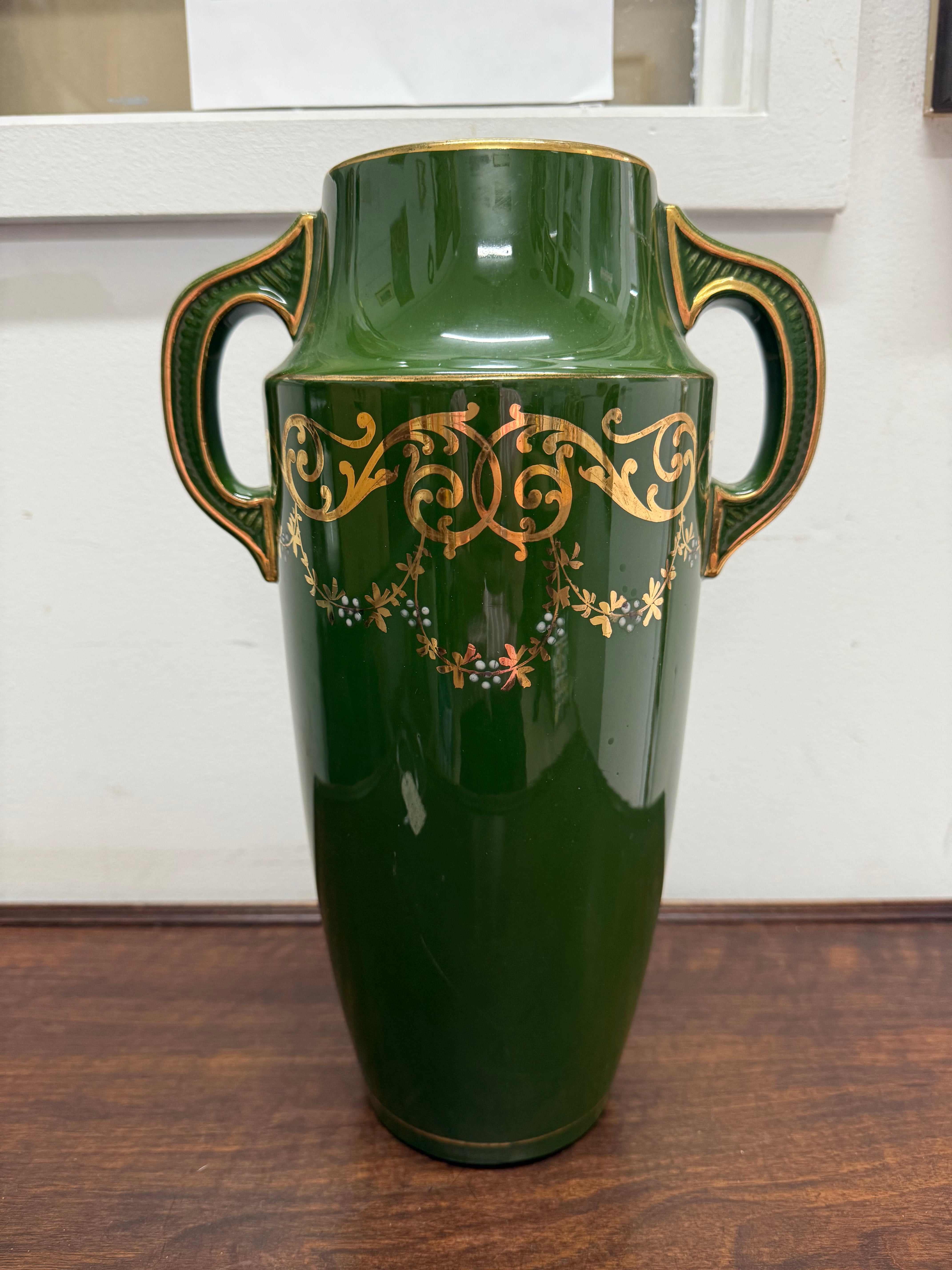 Vintage Hand Painted Green & Gilt Pottery Vase | Antique & Vintage | Moonee Ponds Antiques | Australia Wide Delivery