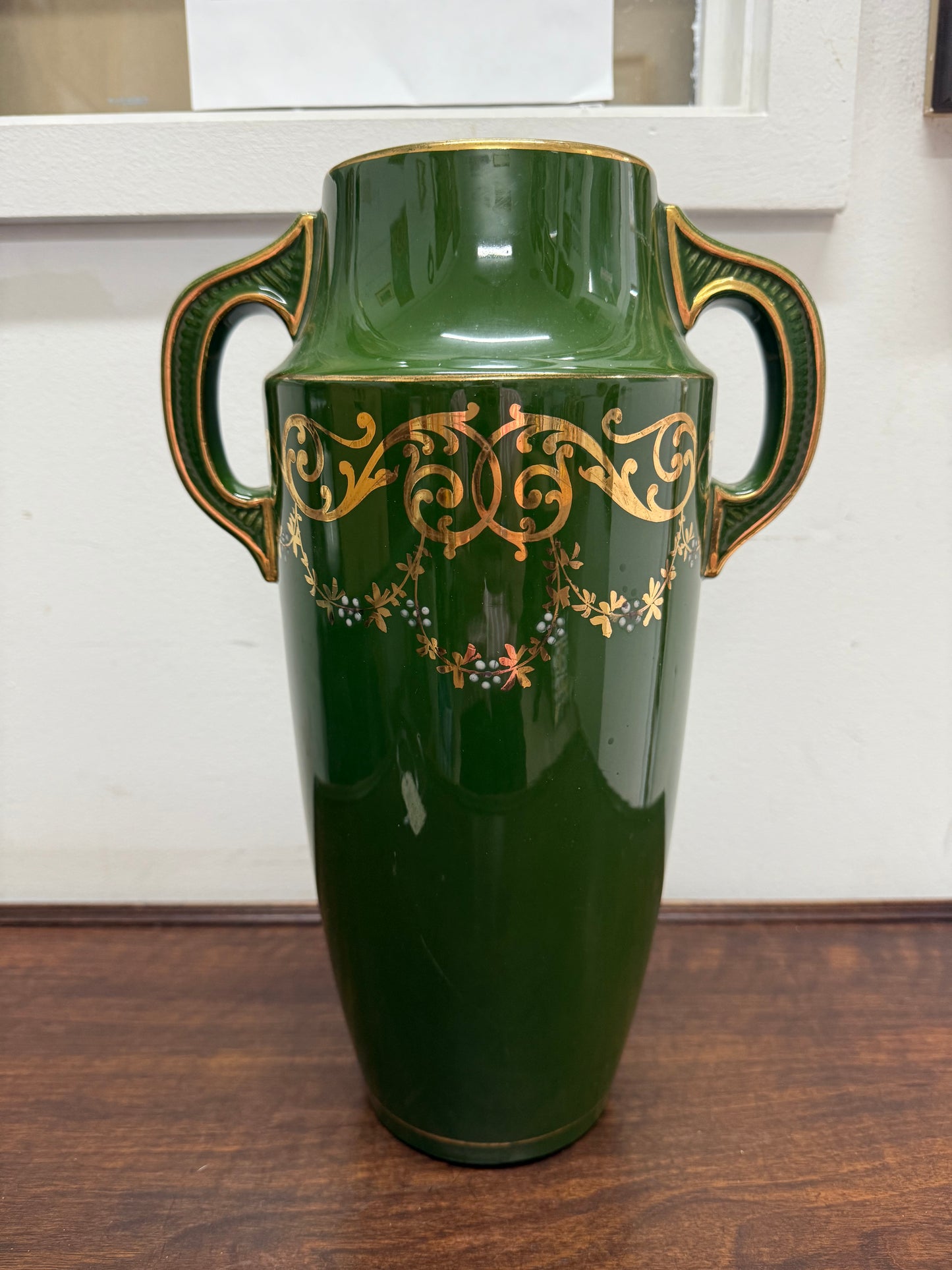 Vintage Hand Painted Green & Gilt Pottery Vase