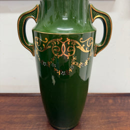 Vintage Hand Painted Green & Gilt Pottery Vase