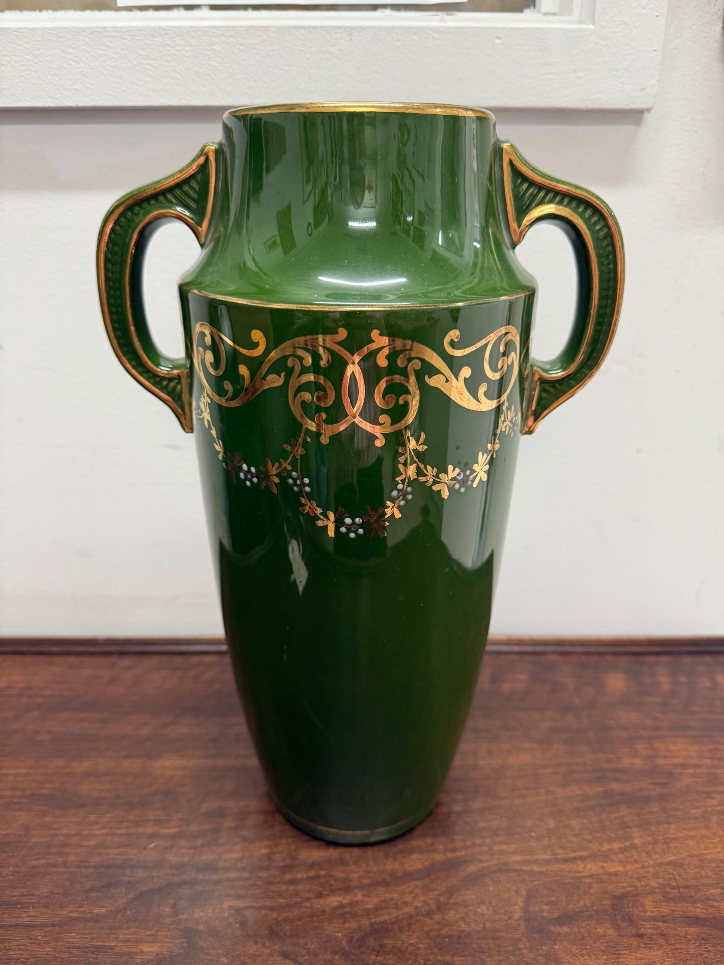 Vintage Hand Painted Green & Gilt Pottery Vase