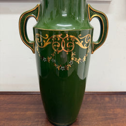 Vintage Hand Painted Green & Gilt Pottery Vase