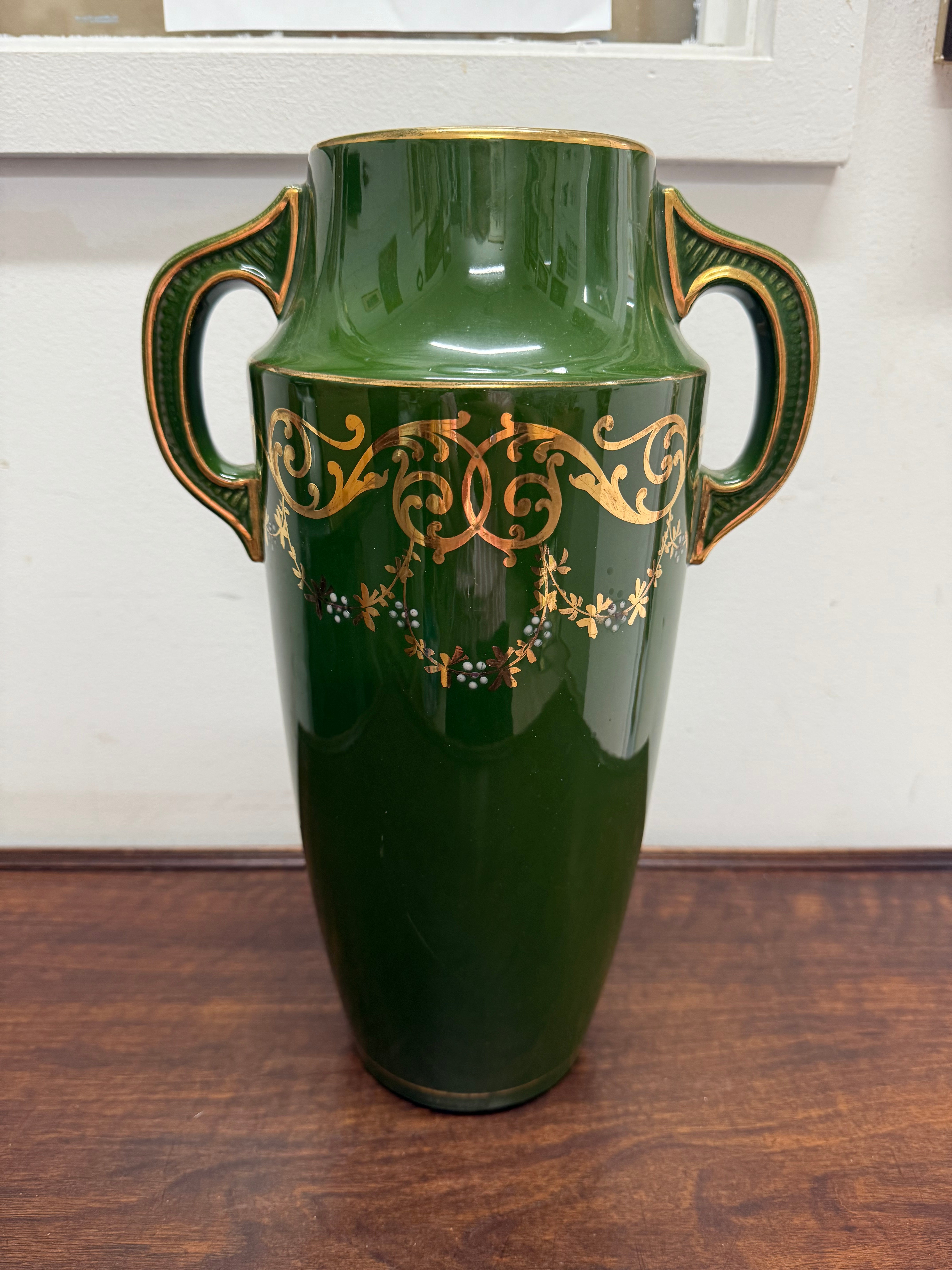 Vintage Hand Painted Green & Gilt Pottery Vase | Antique & Vintage | Moonee Ponds Antiques | Australia Wide Delivery