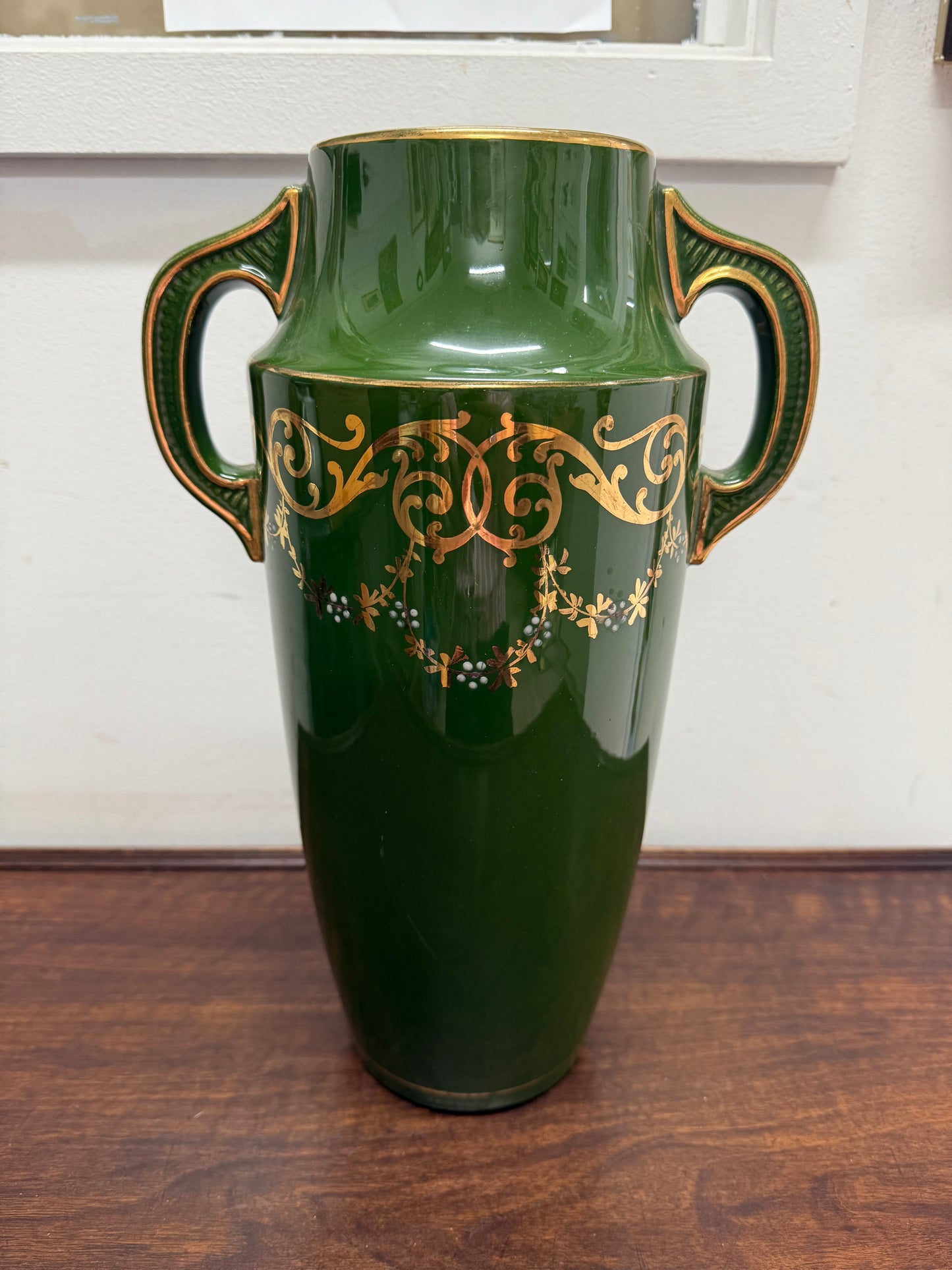 Vintage Hand Painted Green & Gilt Pottery Vase