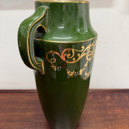 Vintage Hand Painted Green & Gilt Pottery Vase