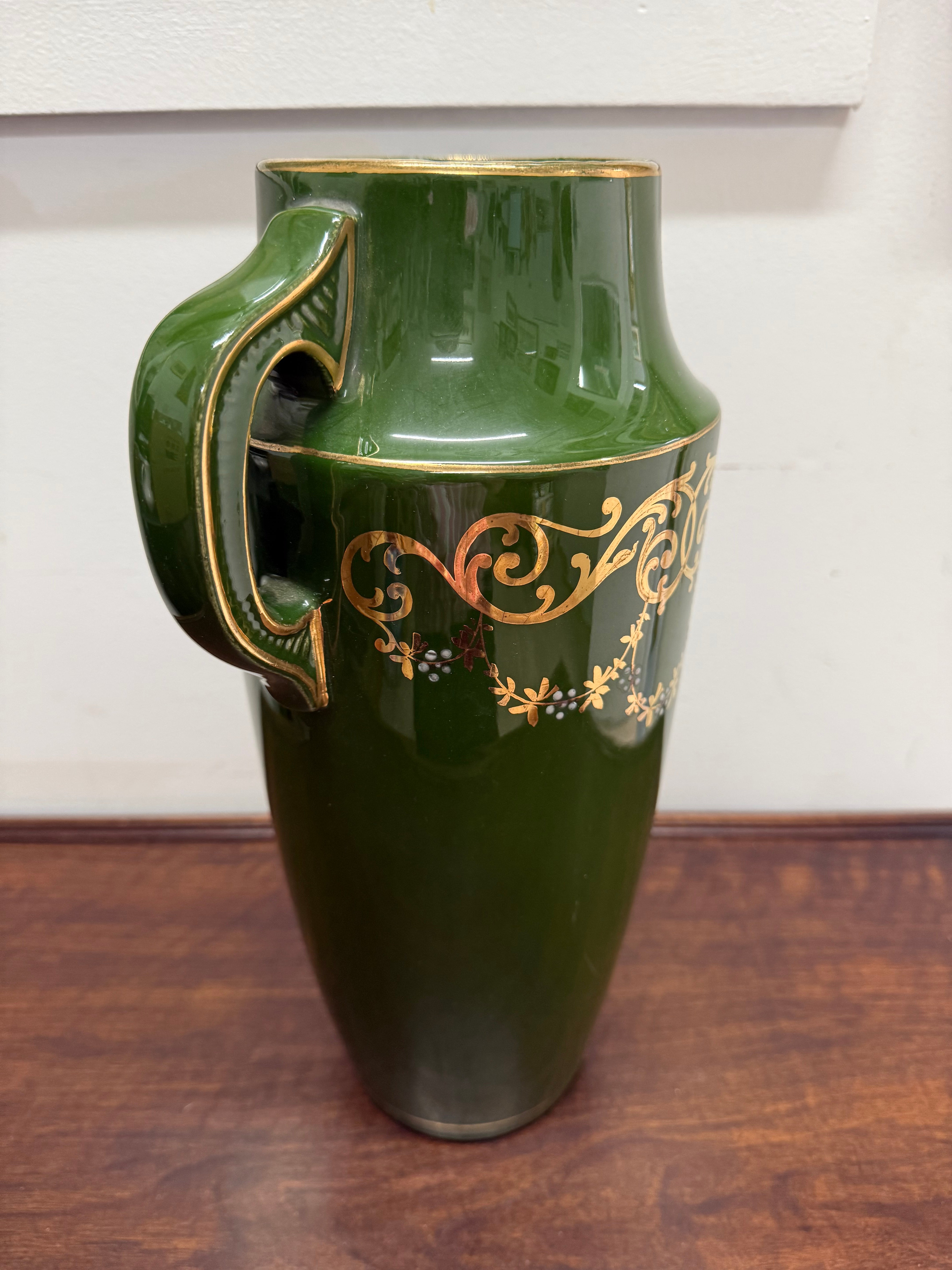 Vintage Hand Painted Green & Gilt Pottery Vase | Antique & Vintage | Moonee Ponds Antiques | Australia Wide Delivery