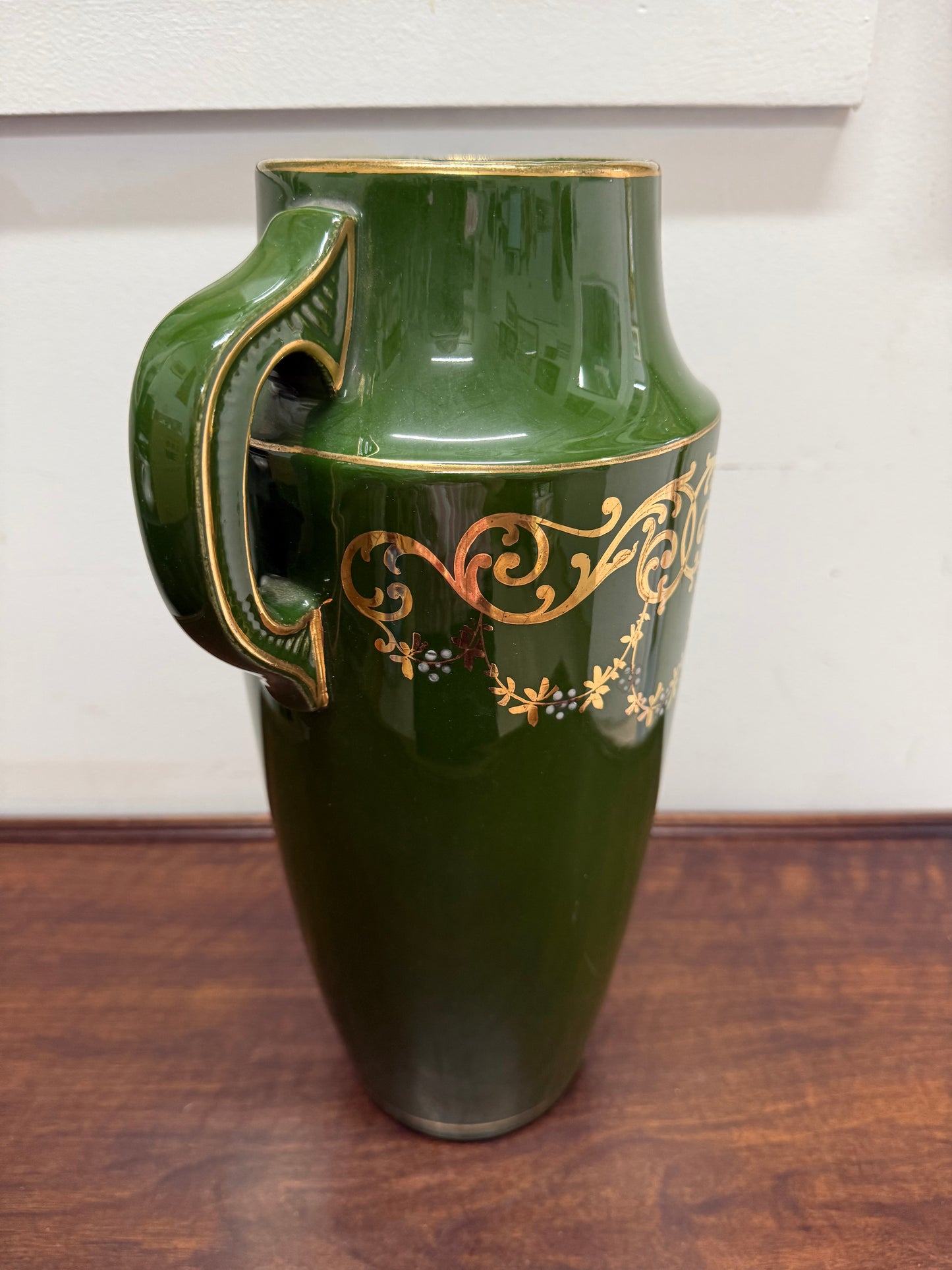 Vintage Hand Painted Green & Gilt Pottery Vase