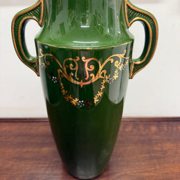 Vintage Hand Painted Green & Gilt Pottery Vase