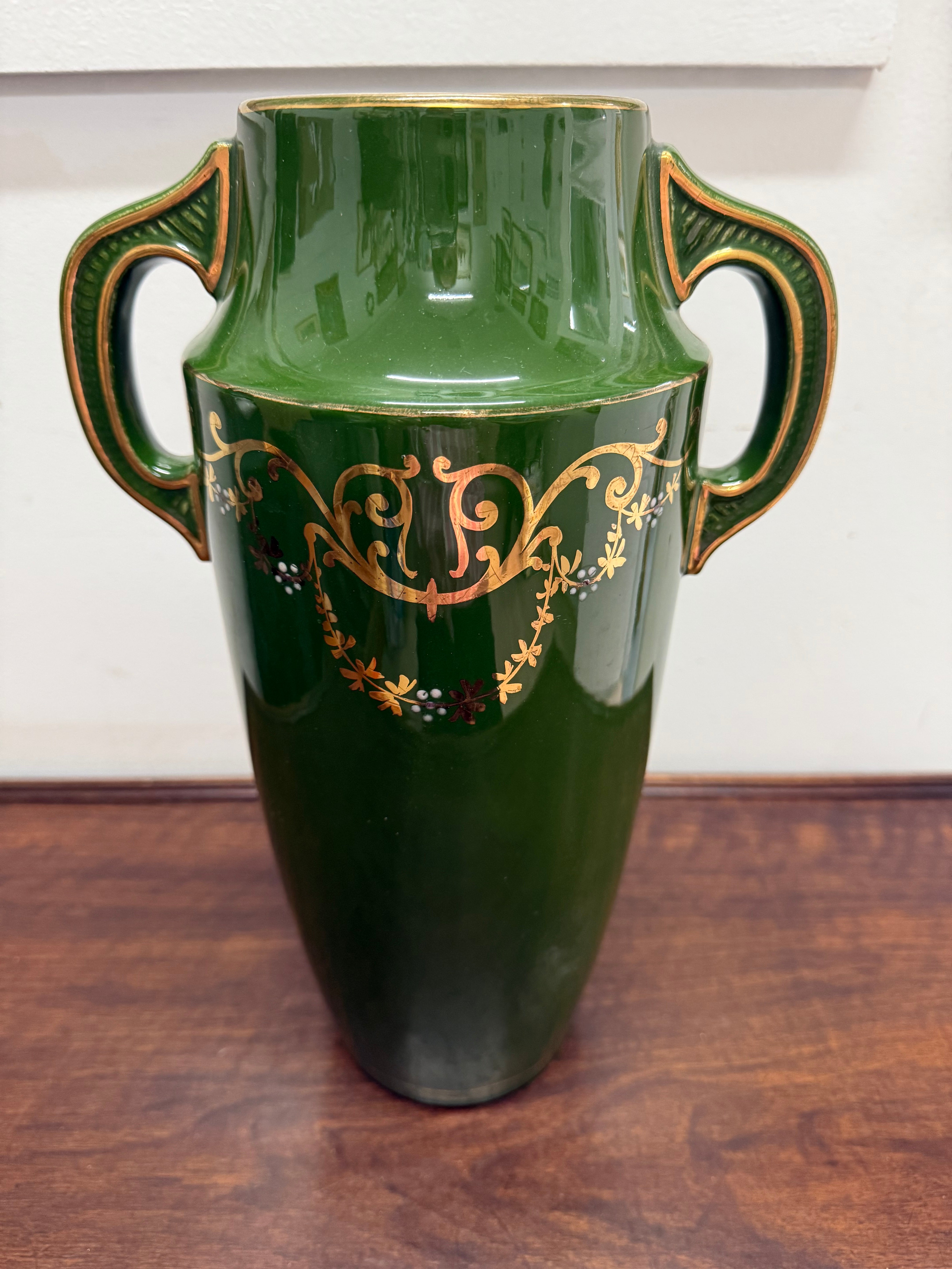 Vintage Hand Painted Green & Gilt Pottery Vase | Antique & Vintage | Moonee Ponds Antiques | Australia Wide Delivery
