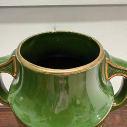 Vintage Hand Painted Green & Gilt Pottery Vase