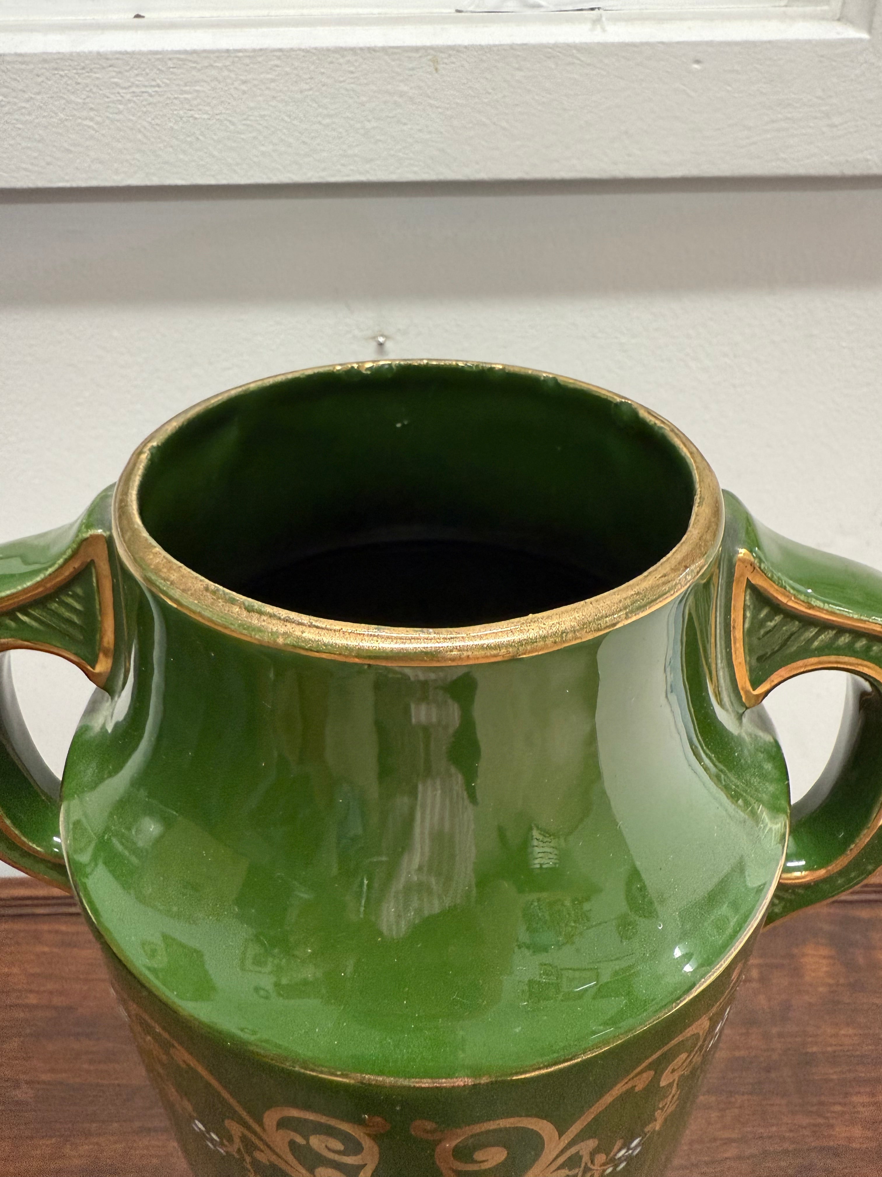 Vintage Hand Painted Green & Gilt Pottery Vase | Antique & Vintage | Moonee Ponds Antiques | Australia Wide Delivery