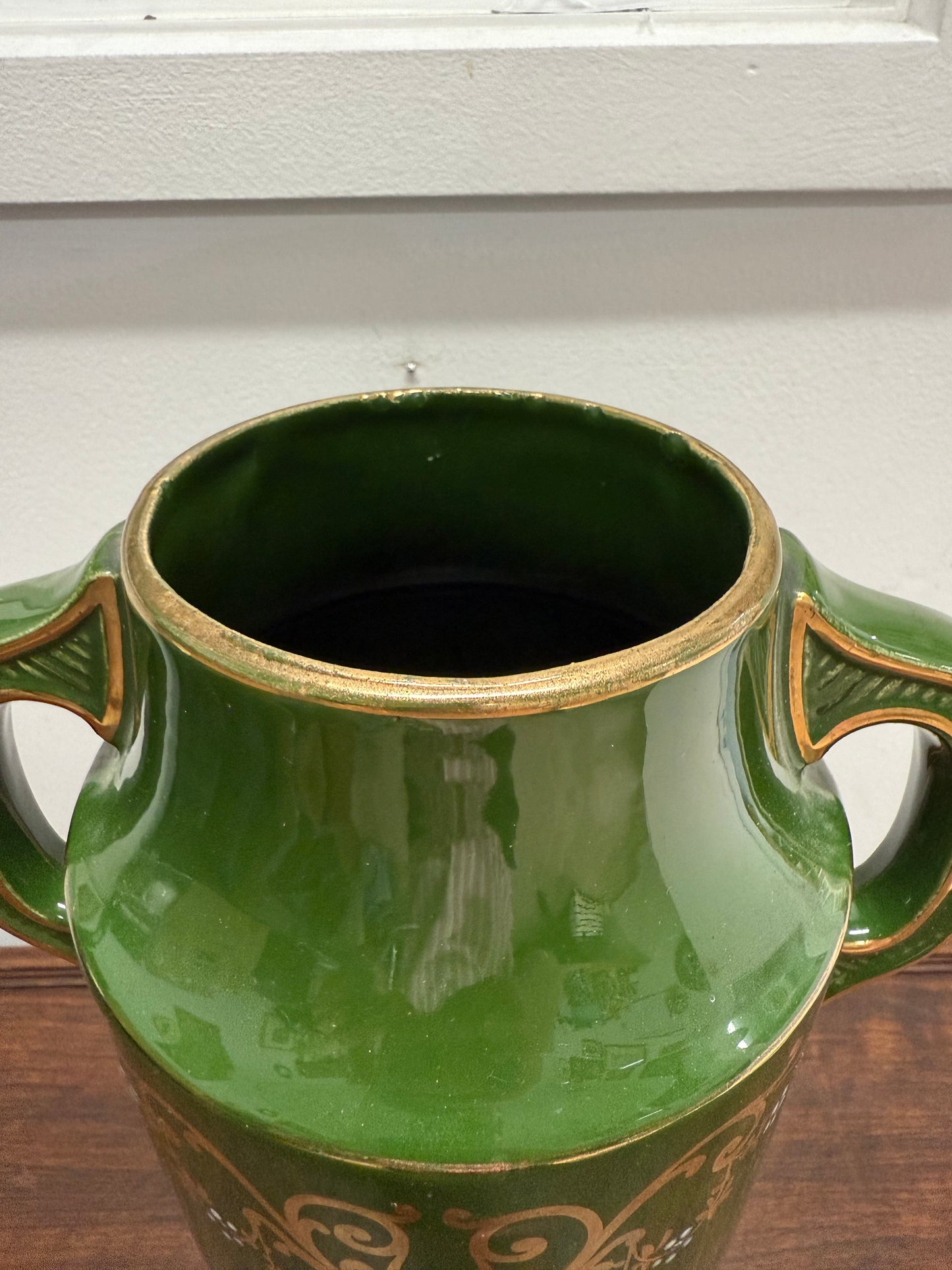 Vintage Hand Painted Green & Gilt Pottery Vase