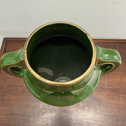 Vintage Hand Painted Green & Gilt Pottery Vase