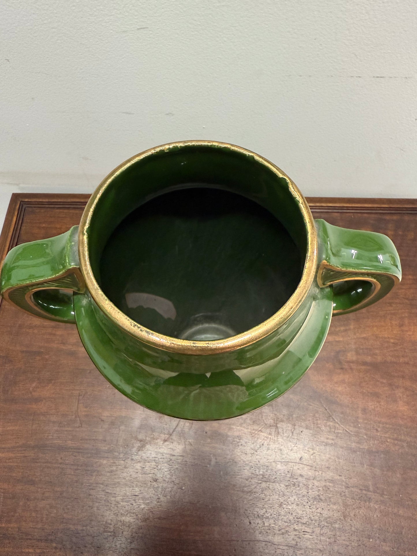 Vintage Hand Painted Green & Gilt Pottery Vase