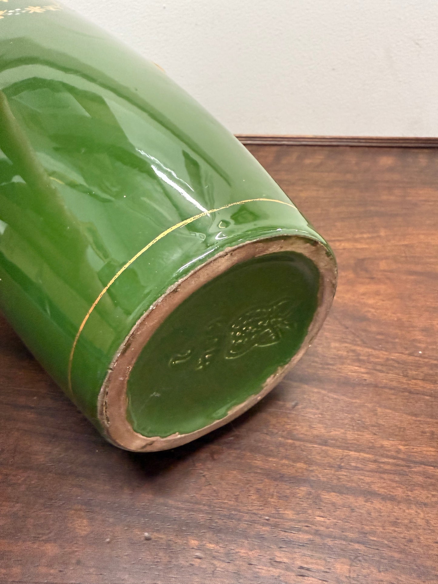 Vintage Hand Painted Green & Gilt Pottery Vase