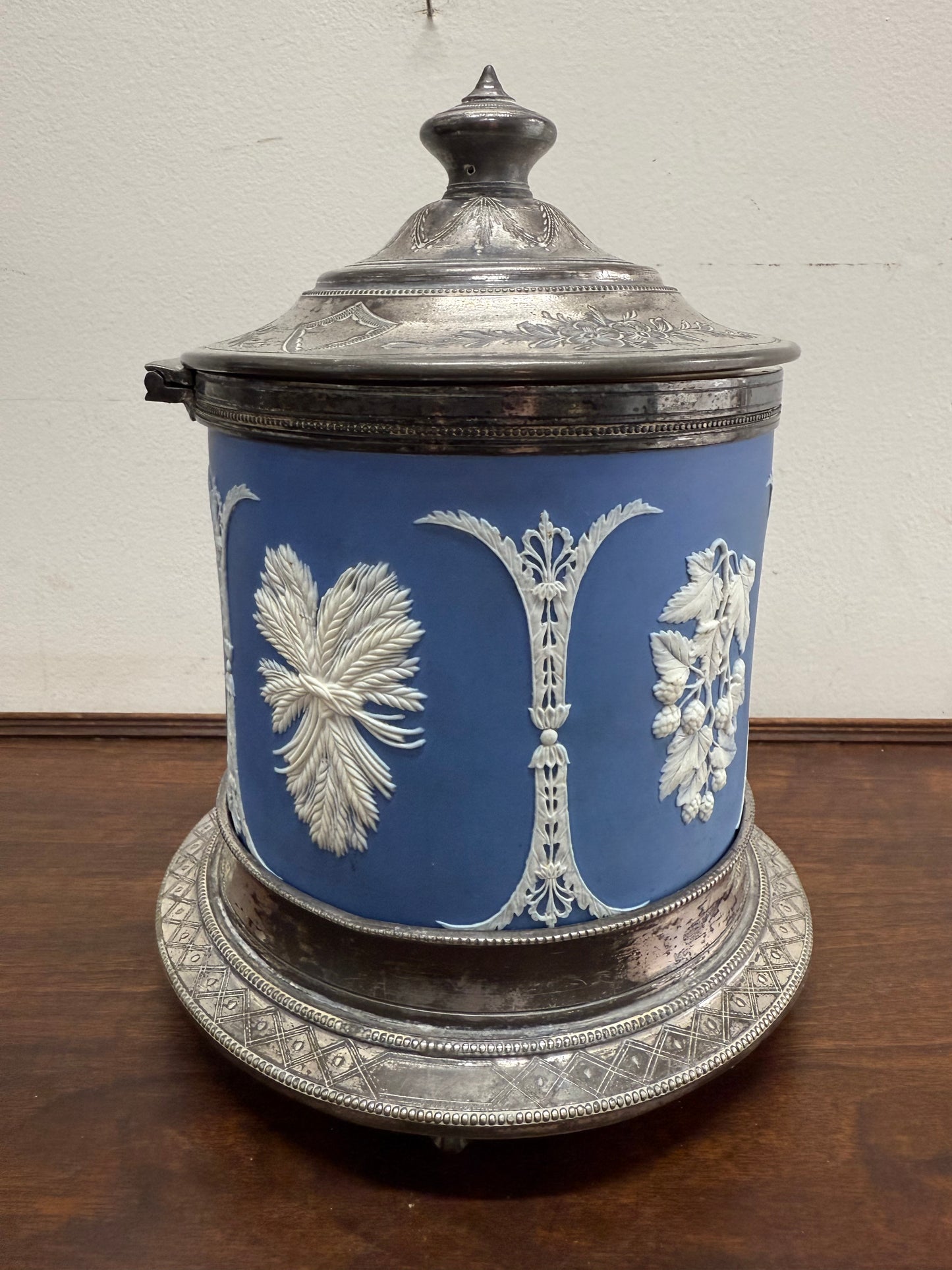 Attractive Jasper Ware & Silver Plated Biscuit Barrel