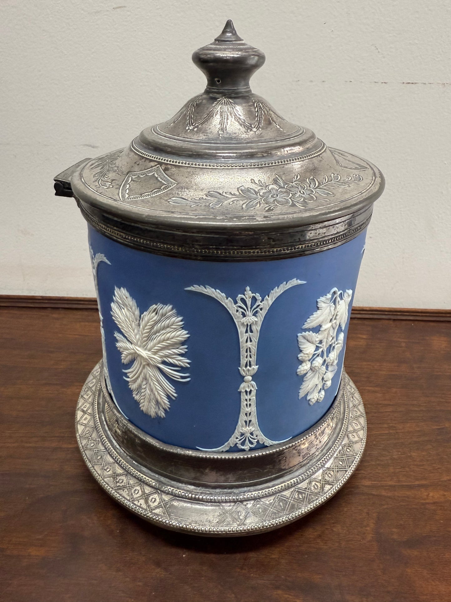 Attractive Jasper Ware & Silver Plated Biscuit Barrel