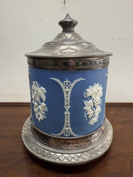 Attractive Jasper Ware & Silver Plated Biscuit Barrel