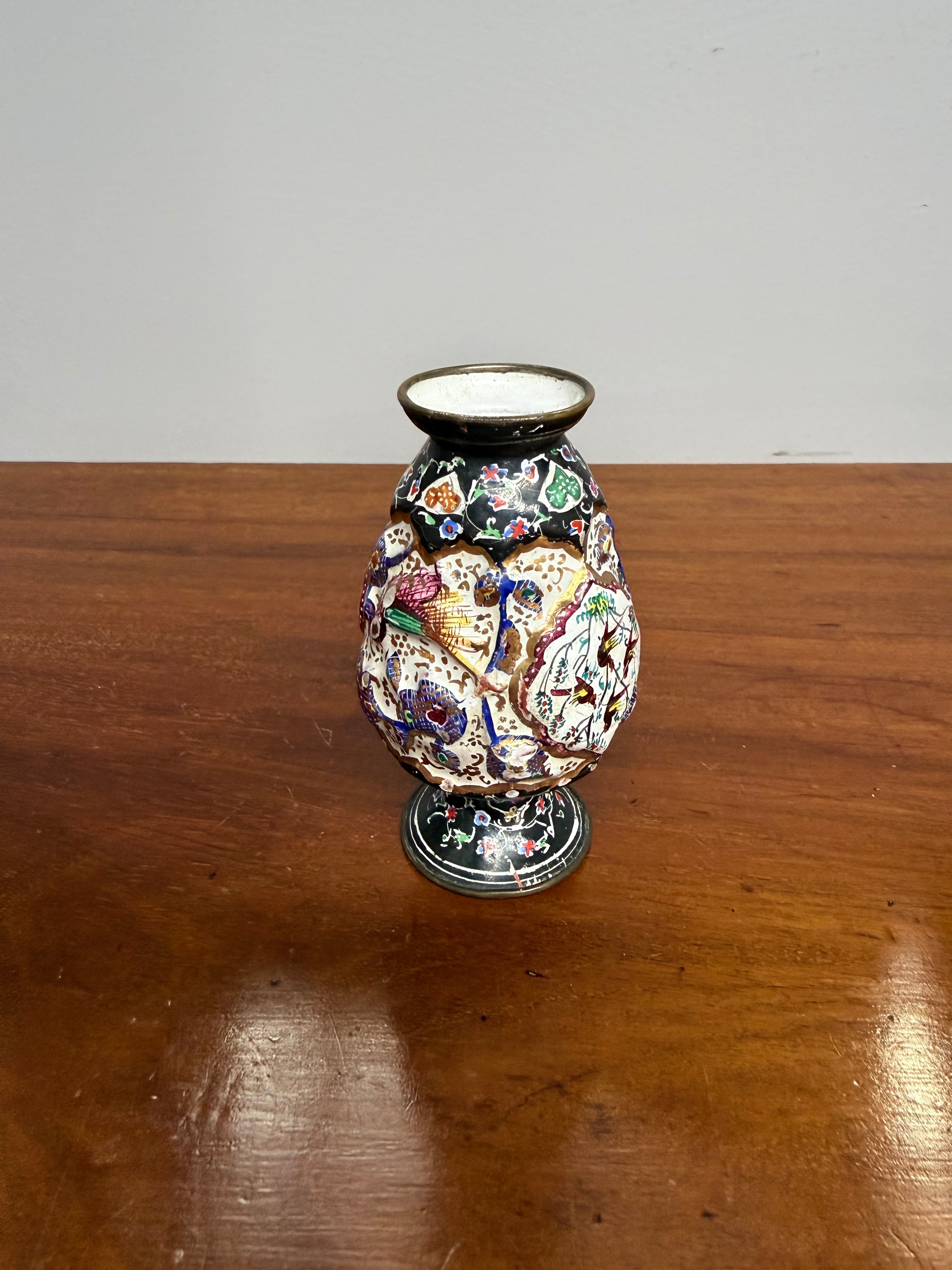 Antique Iznik Minakari Enameled Copper Vase