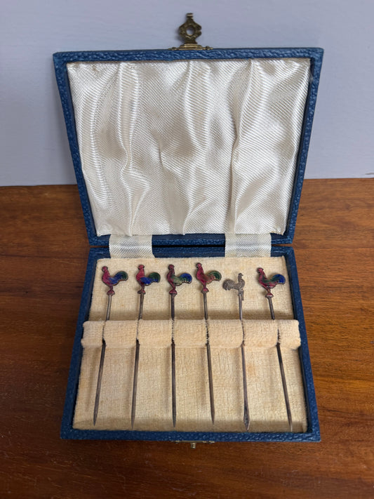 Set of 5 Art Deco Rooster Enamel Cocktail Picks
