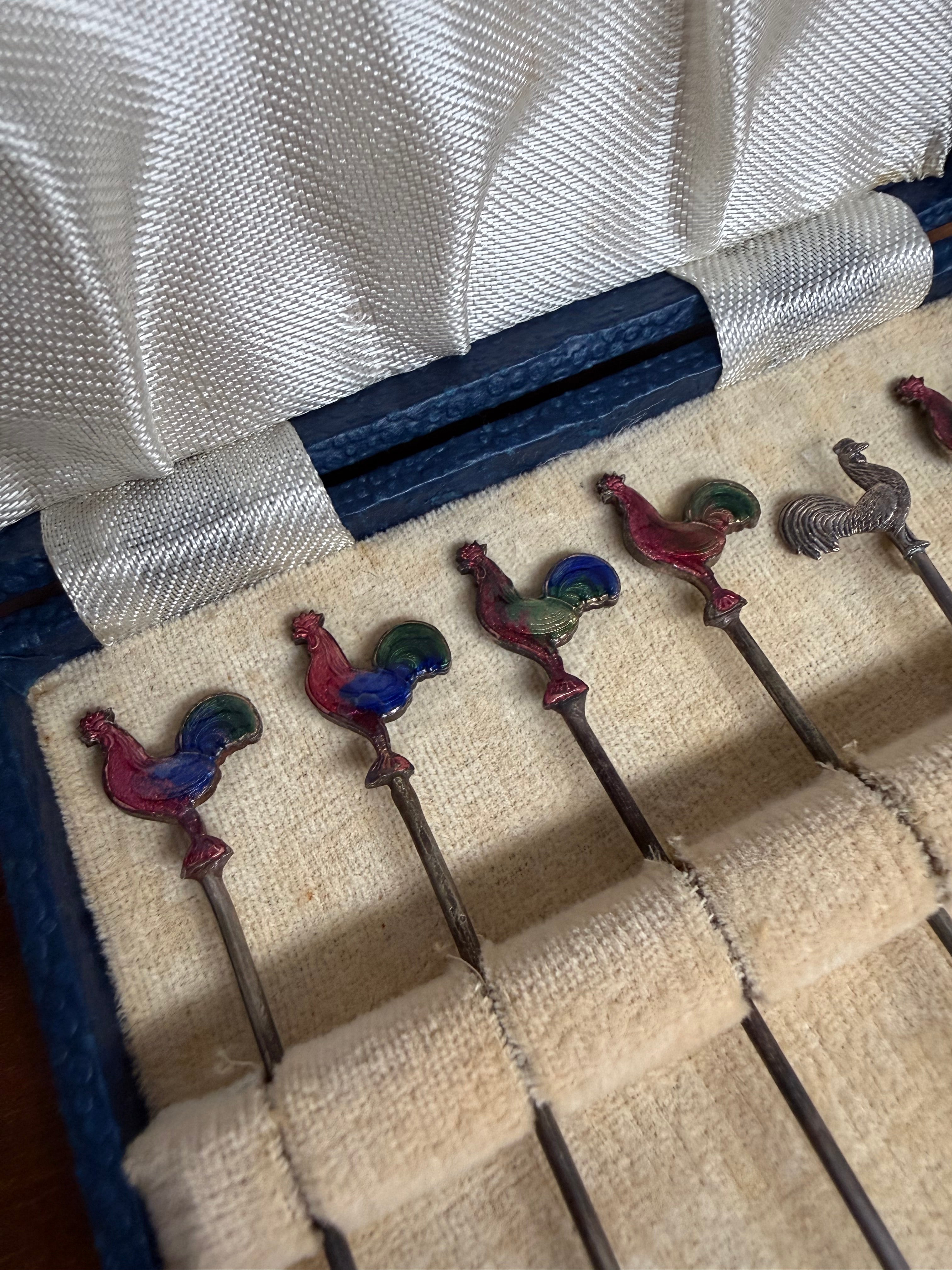 Set of 5 Art Deco Rooster Enamel Cocktail Picks | Antique & Vintage | Moonee Ponds Antiques | Australia Wide