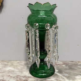 Victorian Green Glass & Crystal Drops Lustre Vase