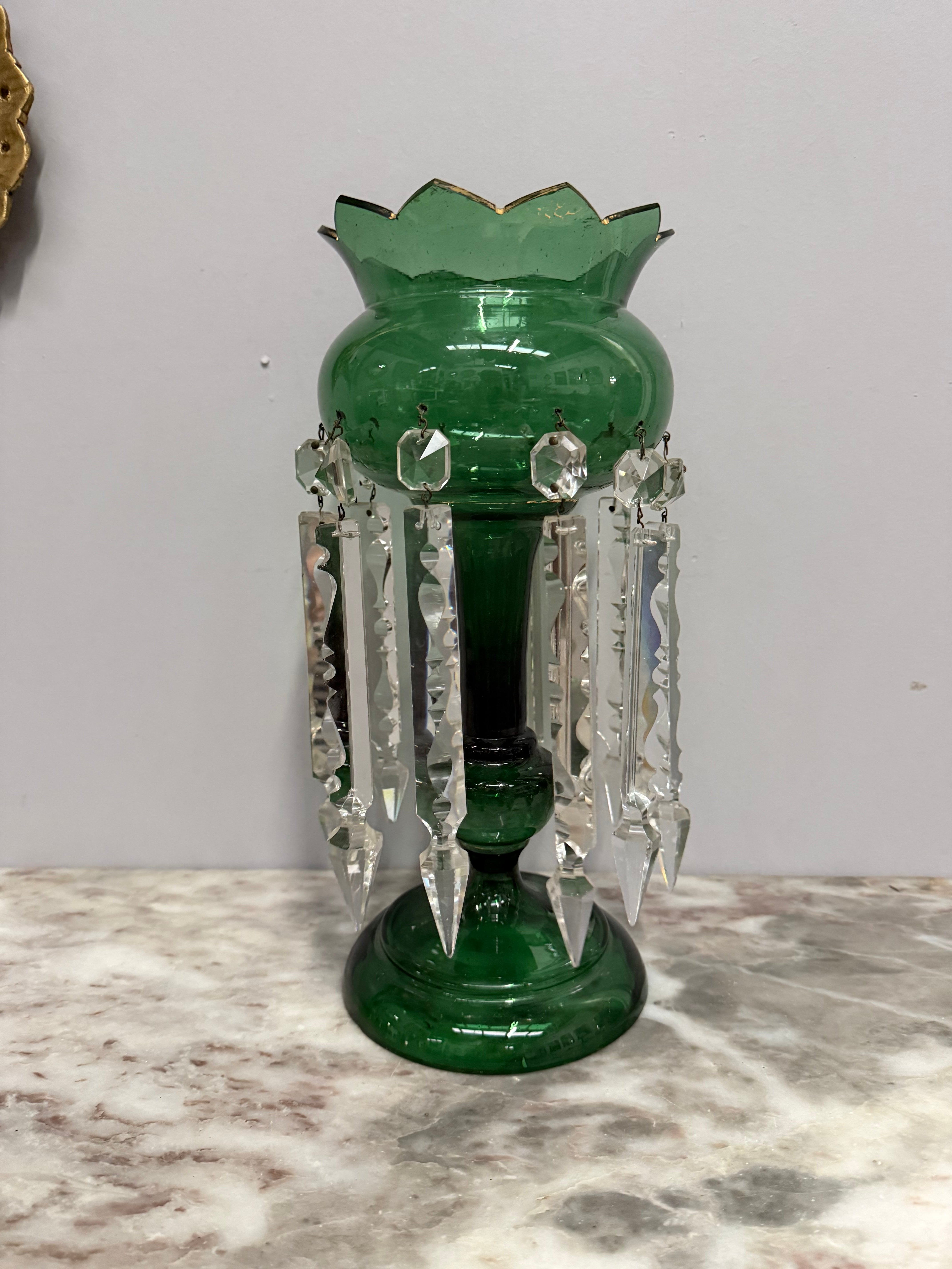 Victorian Green Glass & Crystal Drops Lustre Vase