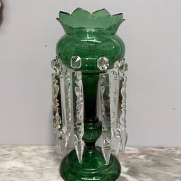 Victorian Green Glass & Crystal Drops Lustre Vase