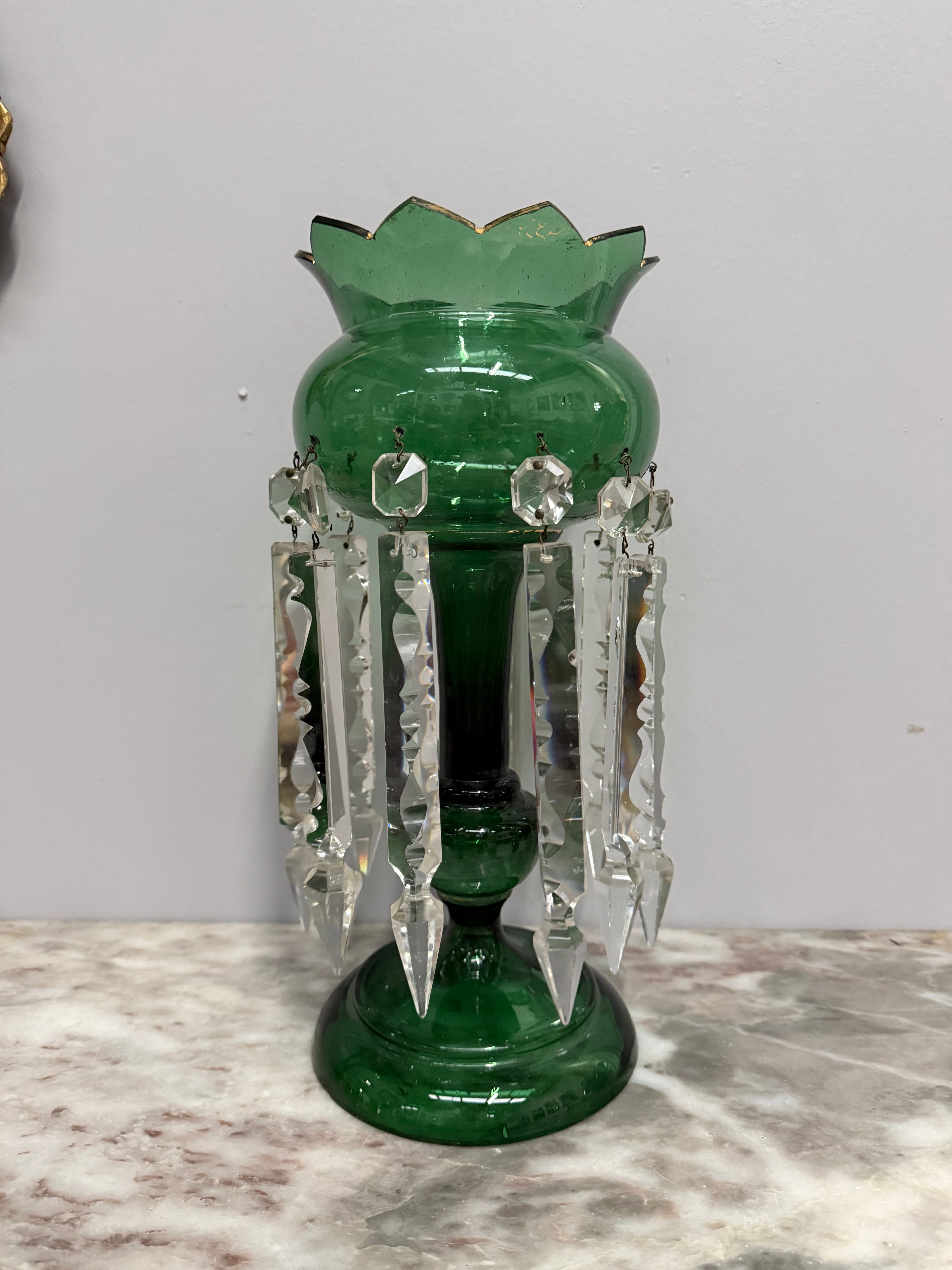 Victorian Green Glass & Crystal Drops Lustre Vase | Antique & Vintage | Moonee Ponds Antiques | Australia Wide Delivery