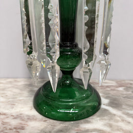 Victorian Green Glass & Crystal Drops Lustre Vase