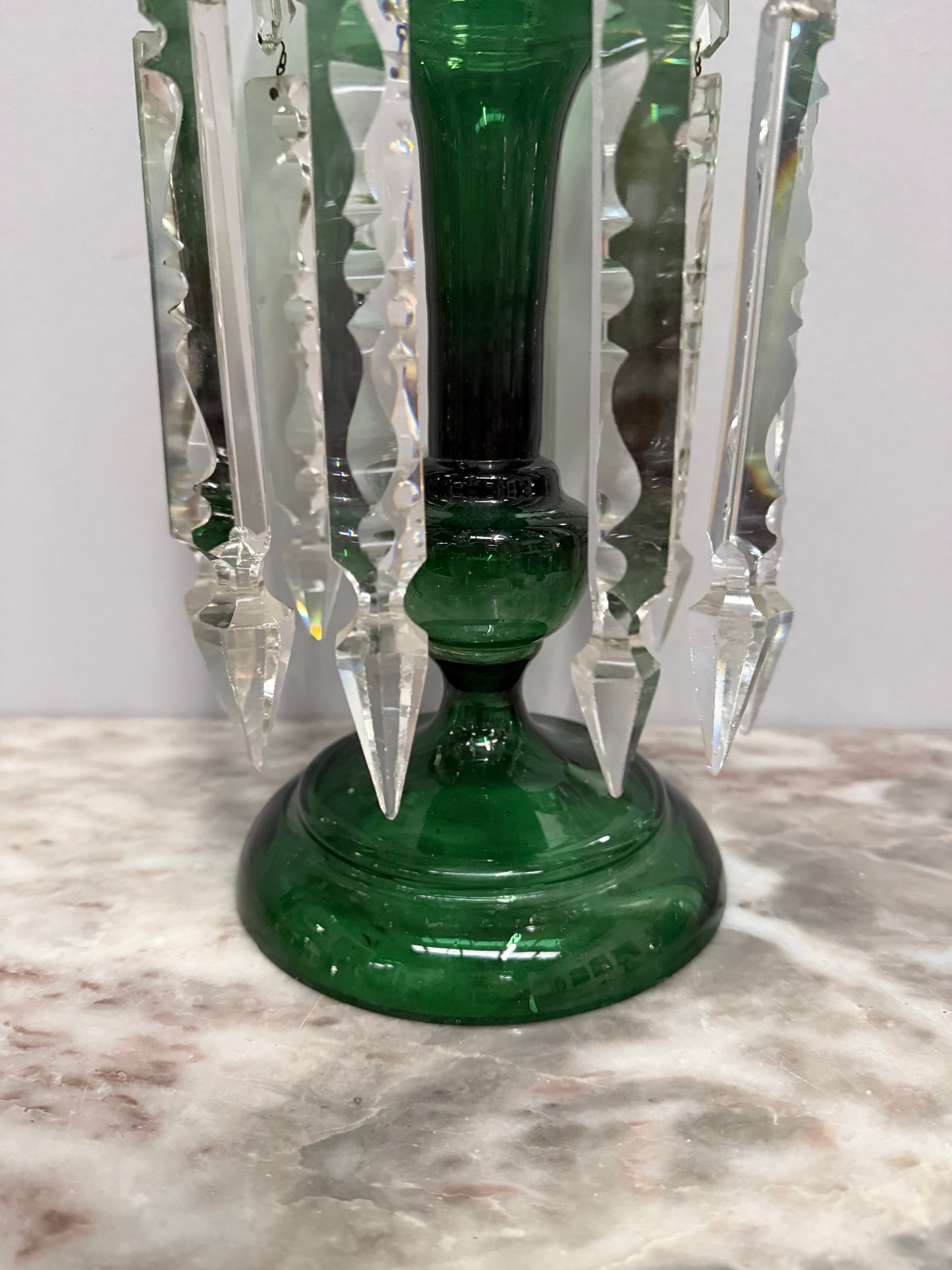 Victorian Green Glass & Crystal Drops Lustre Vase