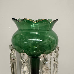 Victorian Green Glass & Crystal Drops Lustre Vase
