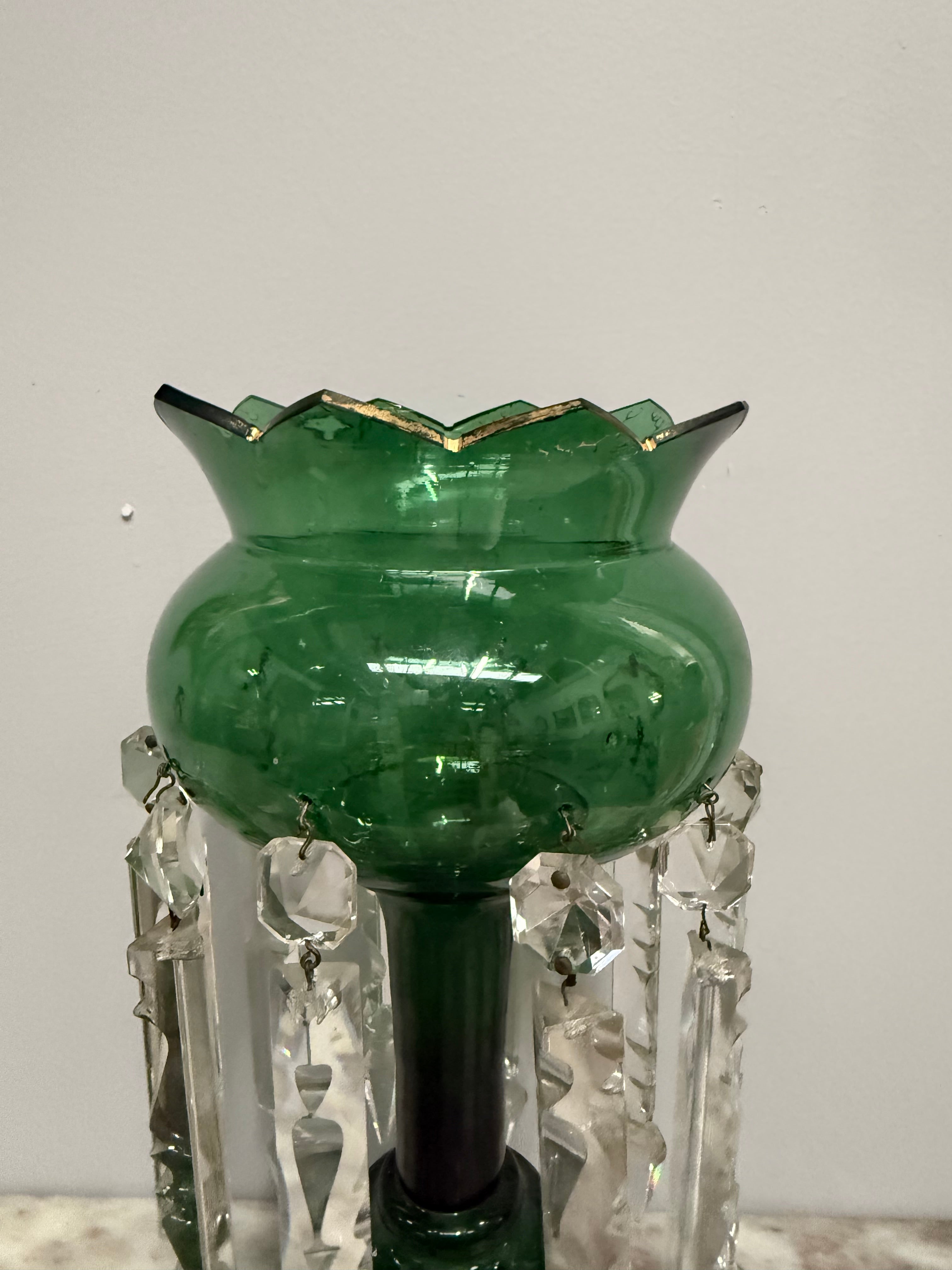 Victorian Green Glass & Crystal Drops Lustre Vase | Antique & Vintage | Moonee Ponds Antiques | Australia Wide Delivery