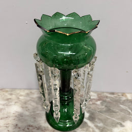 Victorian Green Glass & Crystal Drops Lustre Vase