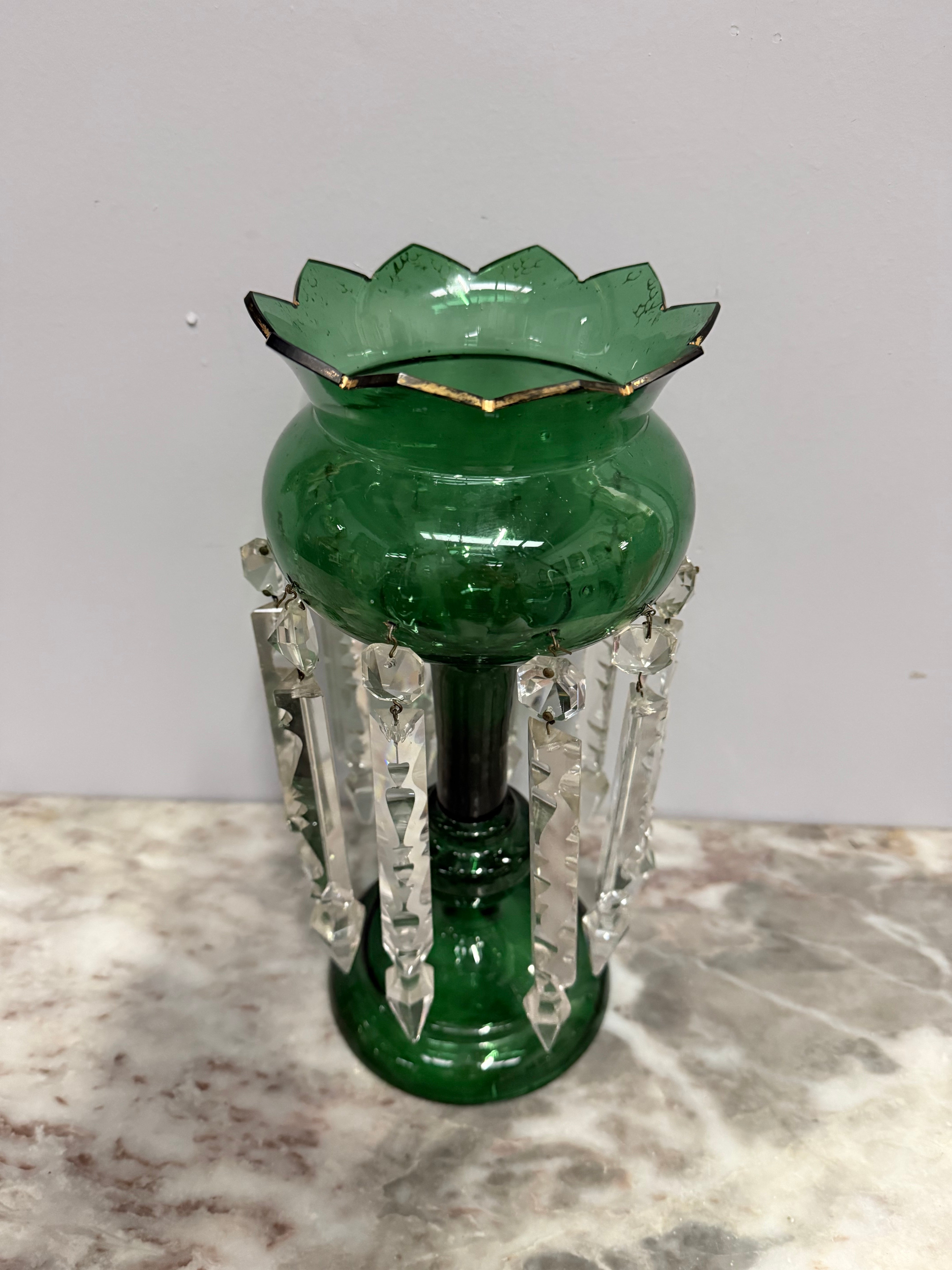 Victorian Green Glass & Crystal Drops Lustre Vase | Antique & Vintage | Moonee Ponds Antiques | Australia Wide Delivery