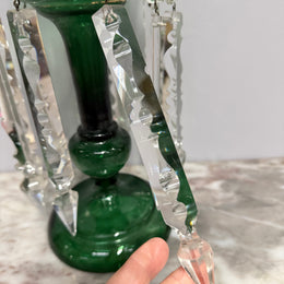 Victorian Green Glass & Crystal Drops Lustre Vase