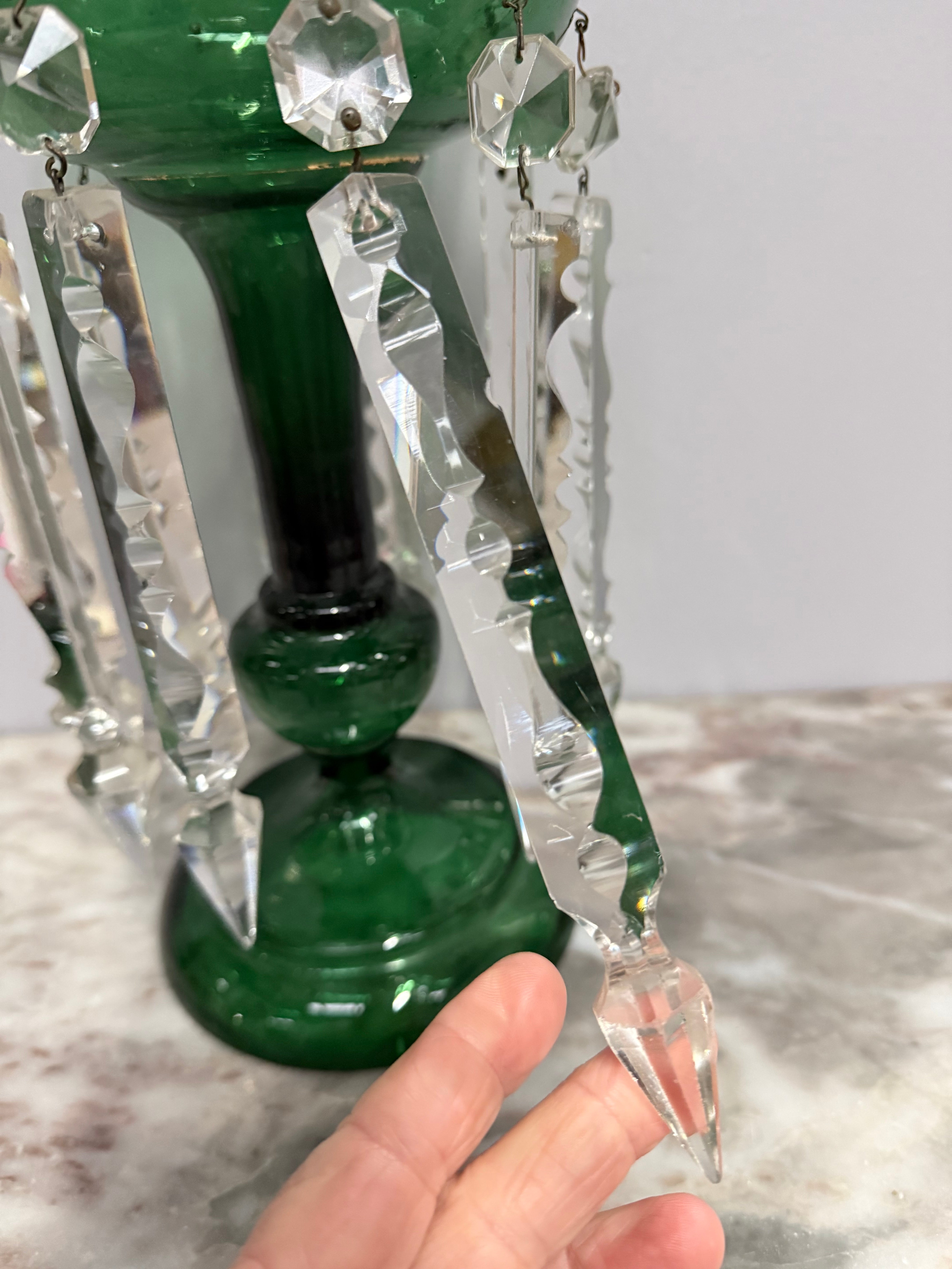 Victorian Green Glass & Crystal Drops Lustre Vase