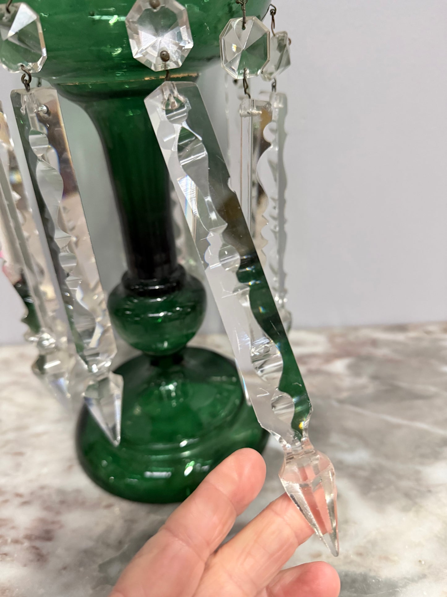 Victorian Green Glass & Crystal Drops Lustre Vase